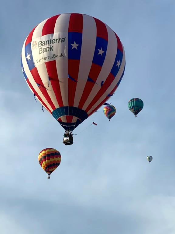 General Aviation Air and Trade Show balloon in sky with Banterra Bank displayed